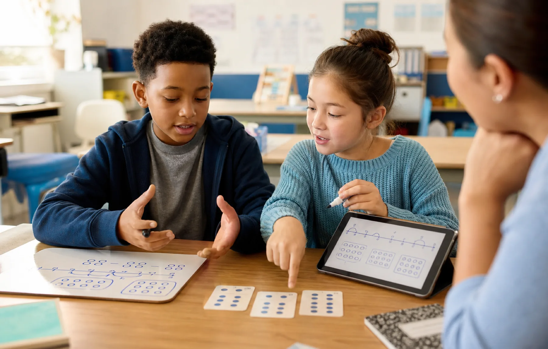 Two students use number cards and a tablet to compare strategies for solving a math fact.