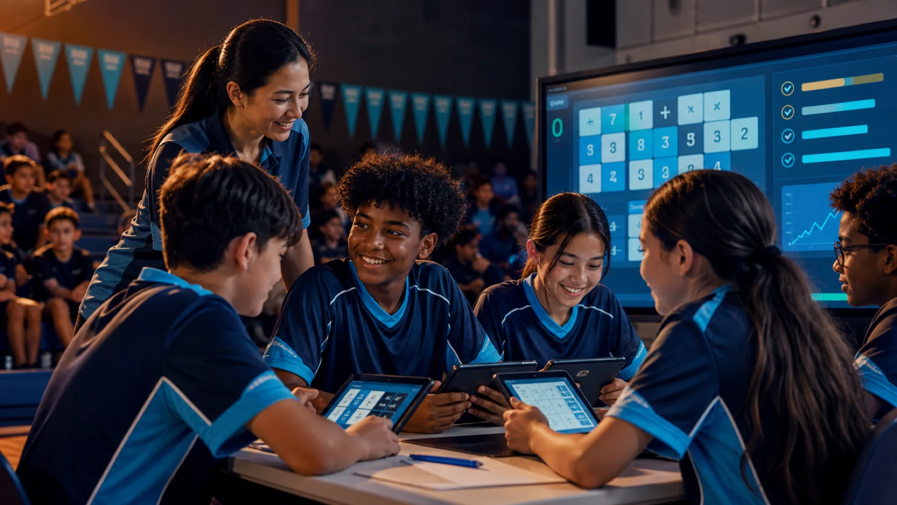 A teacher-coach supports a diverse school math team collaborating around tablets during a team event.