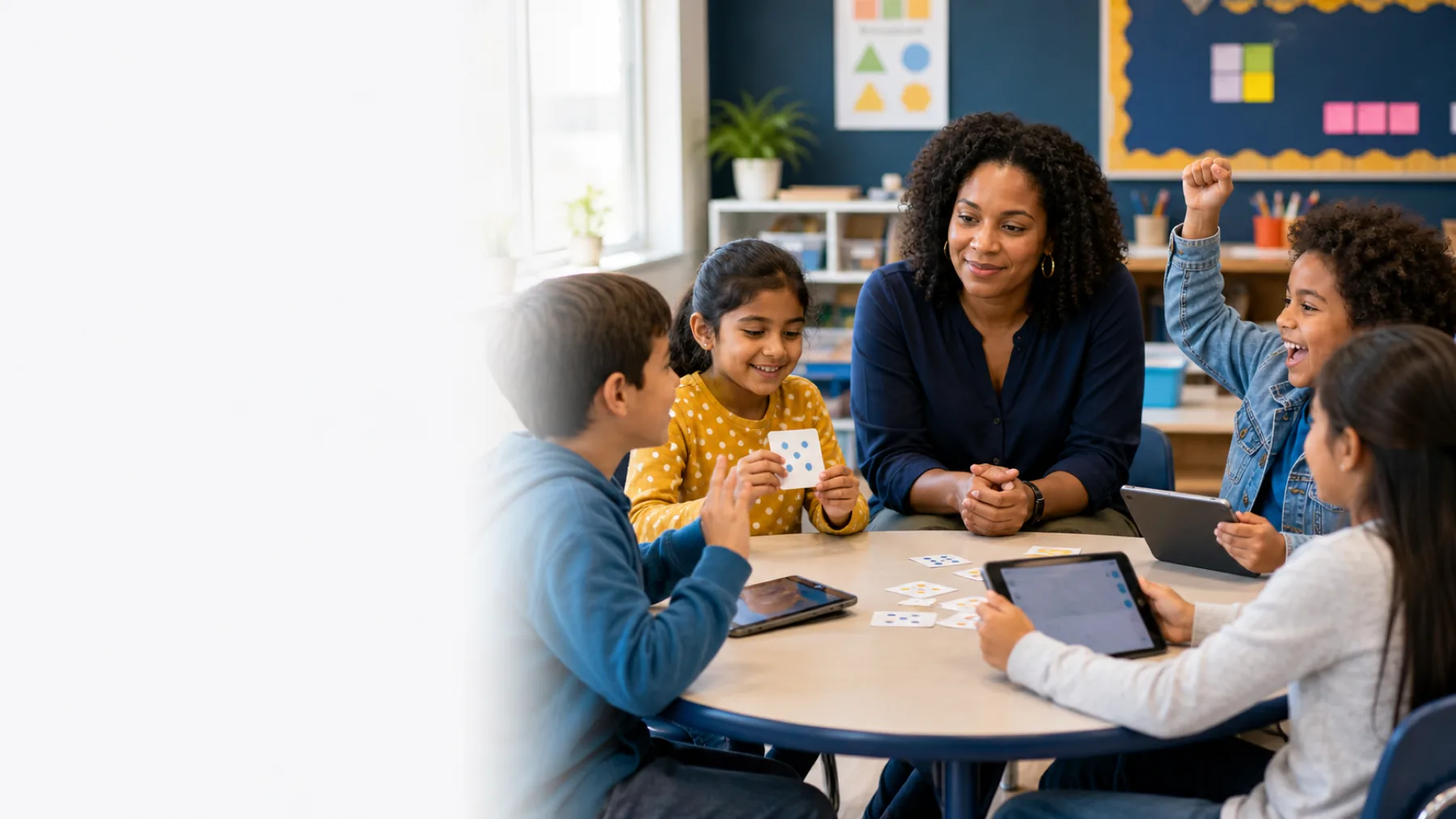 A teacher listens as elementary students solve math challenges together around a classroom table.